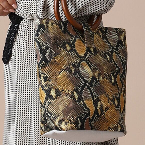 Snakeskin Print Tote Bag with Wooden Handle - Picture 2 of 4